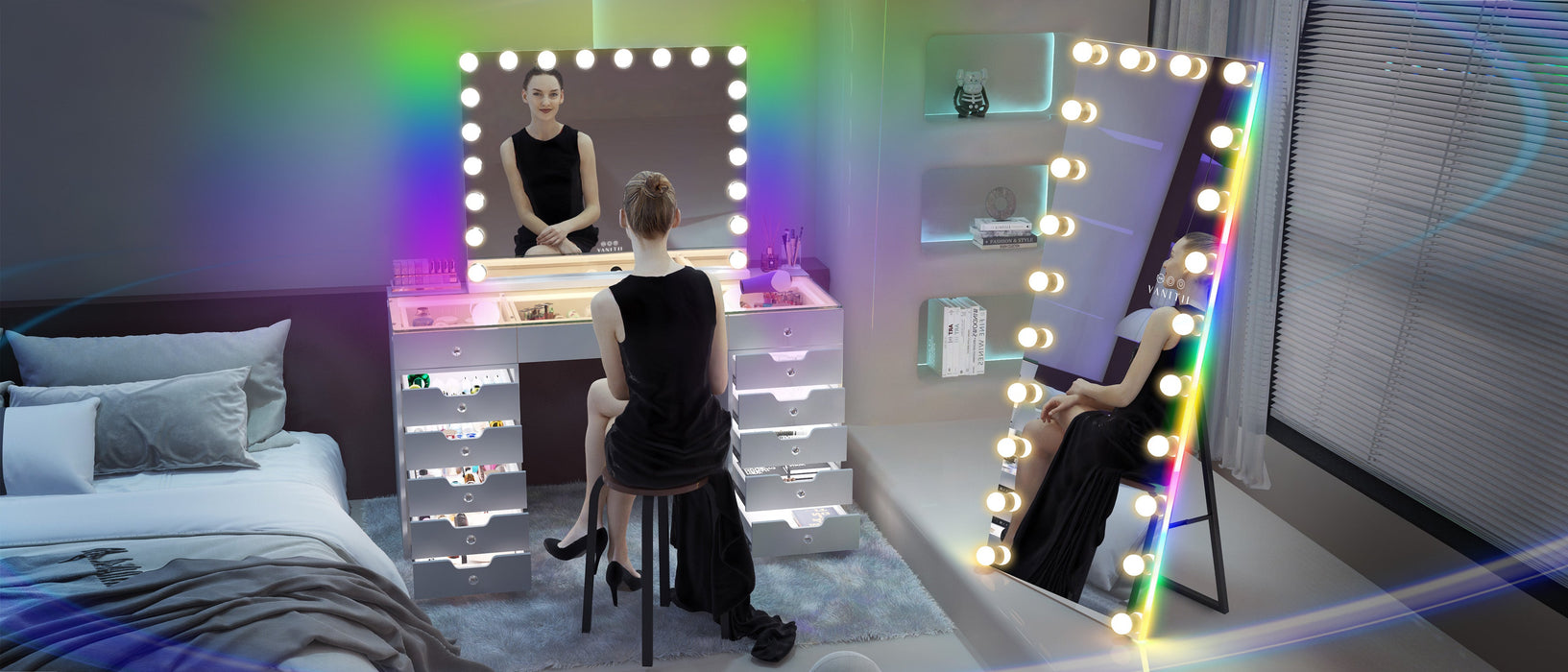 Hollywood Floor Mirror with Bluetooth Speaker