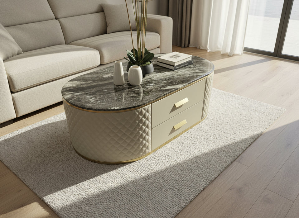 Charlotte Beige Oval Marble Leather Coffee Table