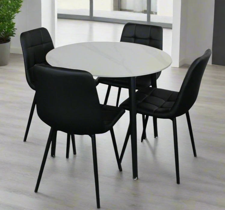 5 Piece Fiore Round White Dining Table with Velvet Chairs Set
