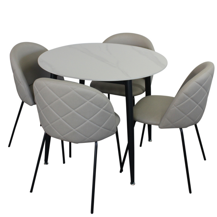 Fiore 5 Pce Round Dining White Marble with Florin Fabric Chairs