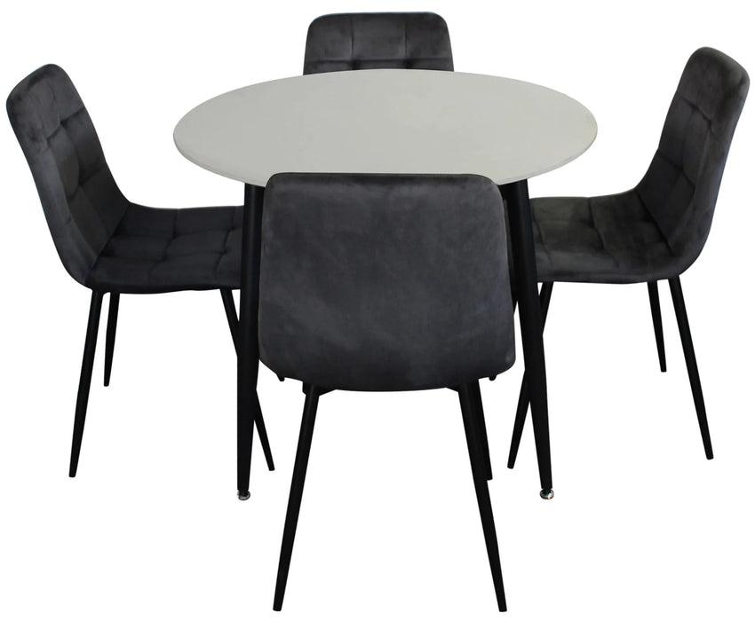 5 Piece Fiore Round White Dining Table with Velvet Chairs Set
