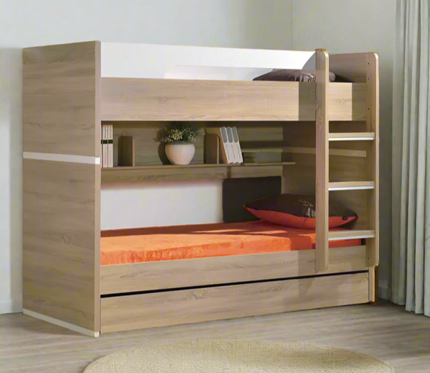 Oak Mabell Single over Single Convertible Bunk Bed with Shelves & Trundle