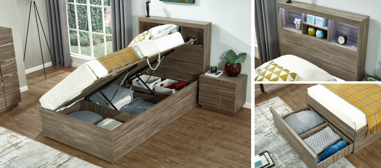 Victoria Bed with Gas Lift Storage, Oak