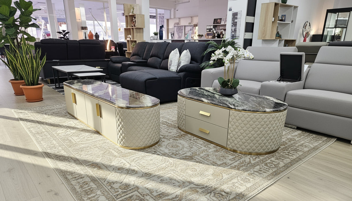 Charlotte Beige Oval Marble Leather Coffee Table