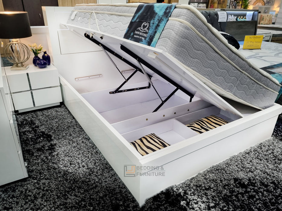 White Nevada Queen Gas Lift Storage Bed with LED