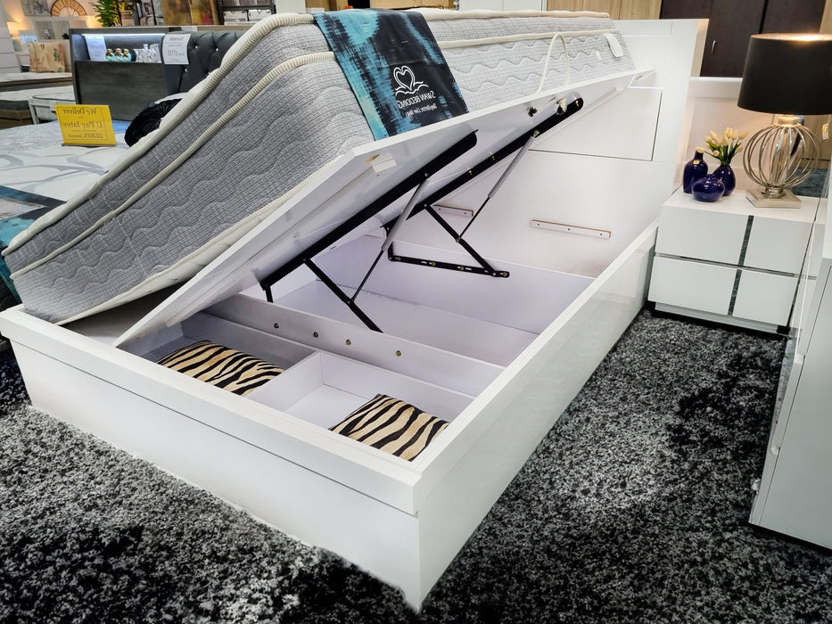 White Nevada Queen Gas Lift Storage Bed with LED