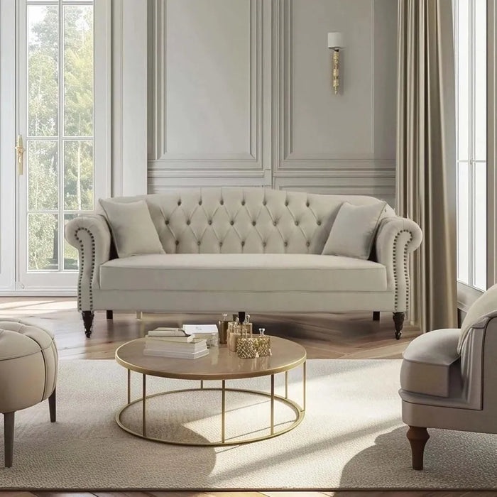 3 Seater Beige Vaucluse Buttoned Sofa
