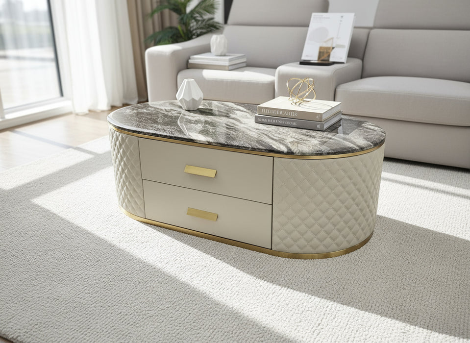 Charlotte Beige Oval Marble Leather Coffee Table