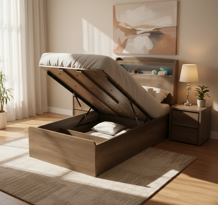 Charcoal Metura Gas Lift Storage Bed Frame - Options: Size