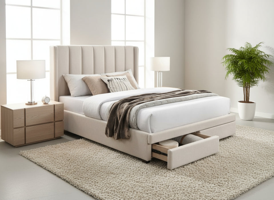 Perusa Queen Bed Frame with Storage Drawers, Beige