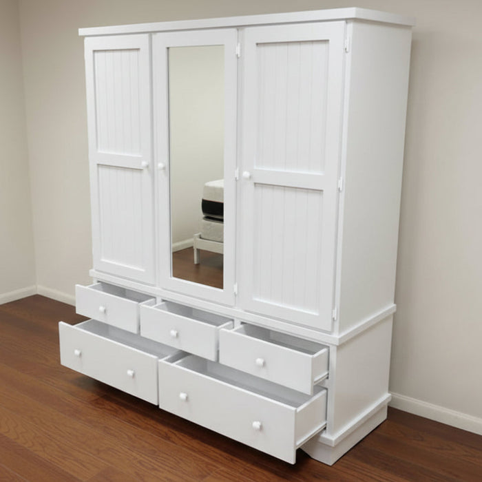 Large 3 Door Timber Robe White 182cm