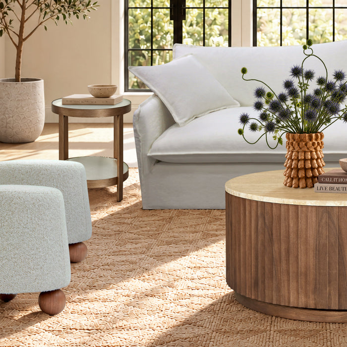 Raphael Round Travertine Coffee Table Walnut