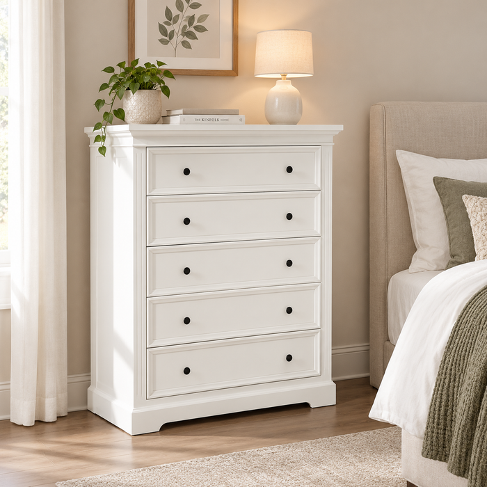 Tasman 5 Chest of Drawers Tallboy Dresser Storage Cabinet White