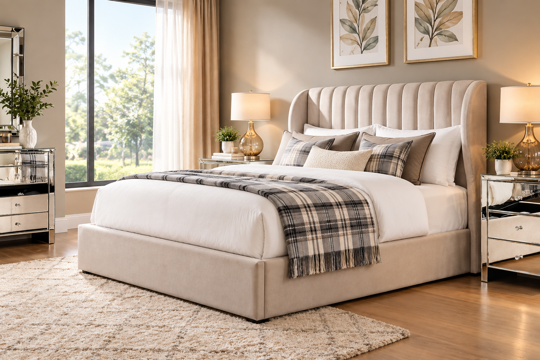 Belrose Panel Queen Gas Lift Storage Bed Velvet Cream Beige or Grey