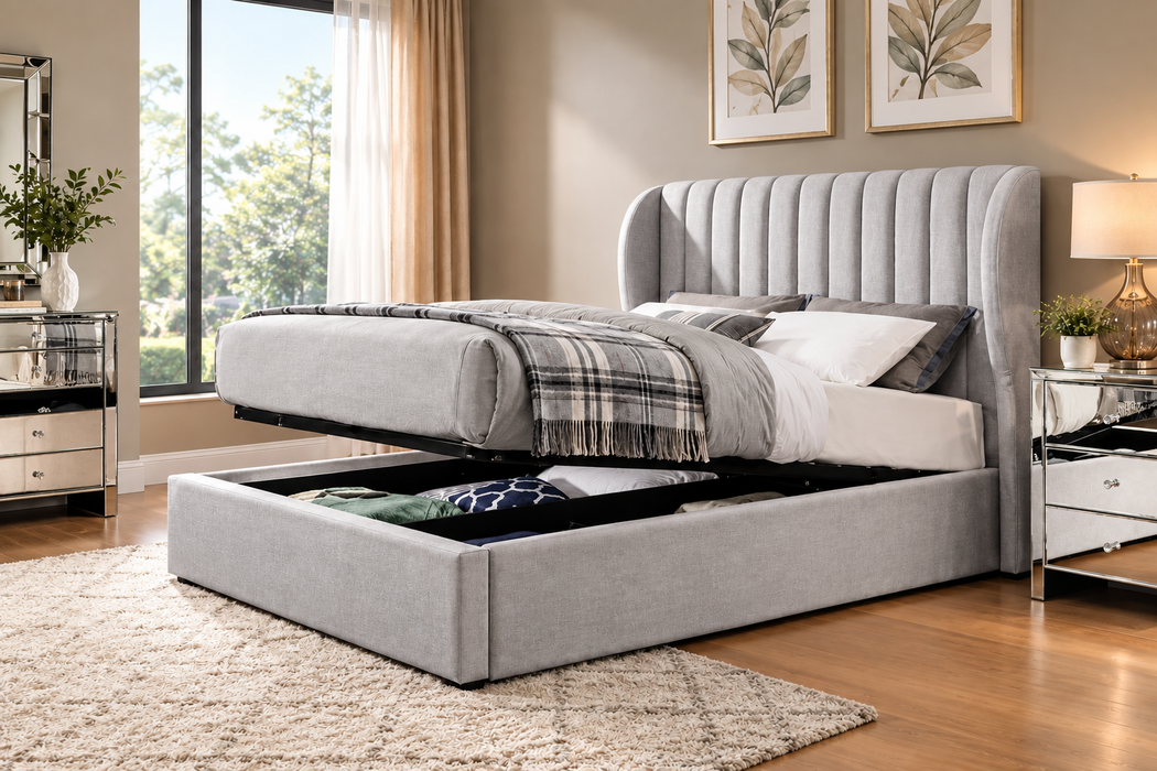 Belrose Panel Queen Gas Lift Storage Bed Velvet Cream Beige or Grey