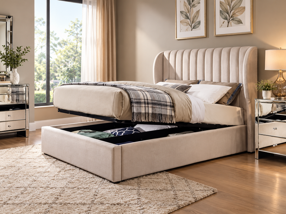 Belrose Panel Queen Gas Lift Storage Bed Velvet Cream Beige or Grey