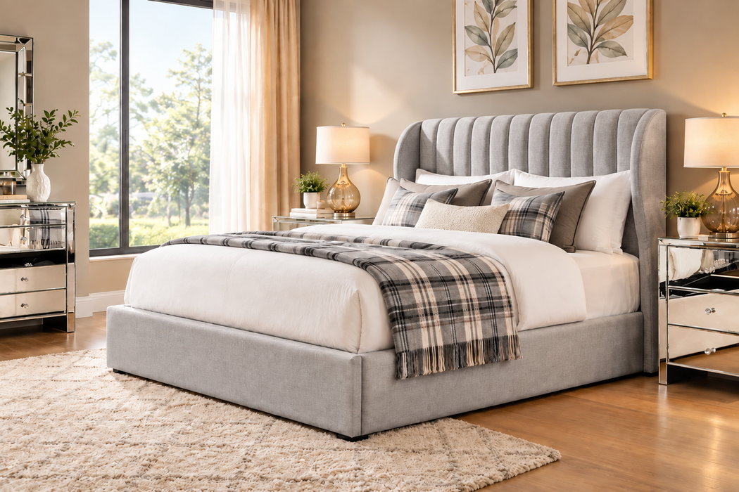 Belrose Panel Queen Gas Lift Storage Bed Velvet Cream Beige or Grey