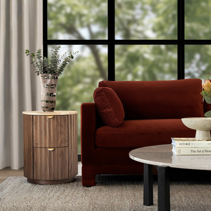 Raphael Round Travertine Bedside Table Walnut