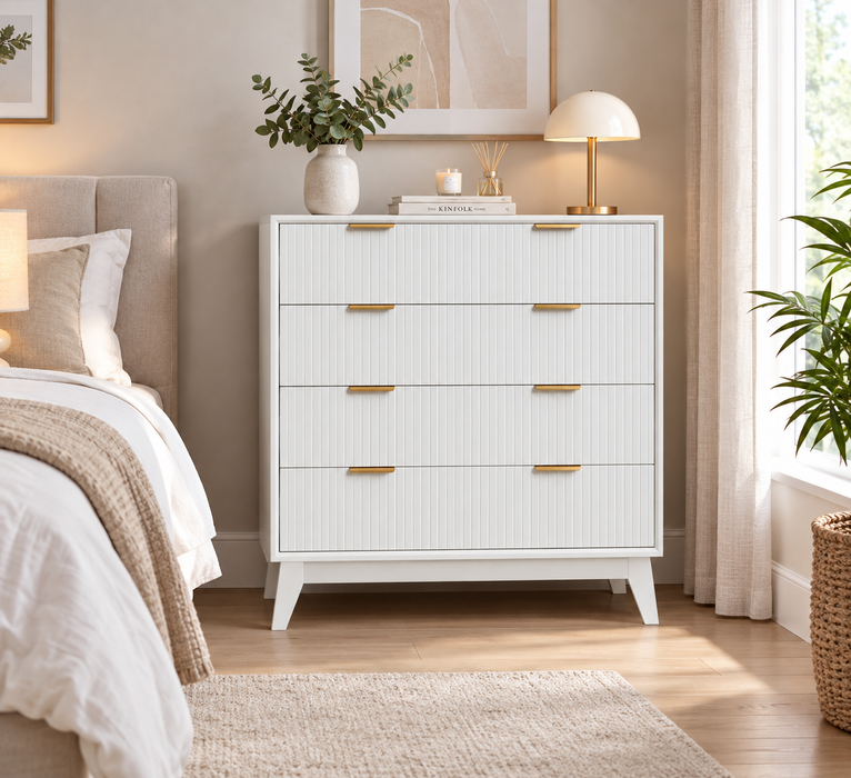 Elwood White Acacia Wood 4 Drawer Storage Cabinet with Gold Handles