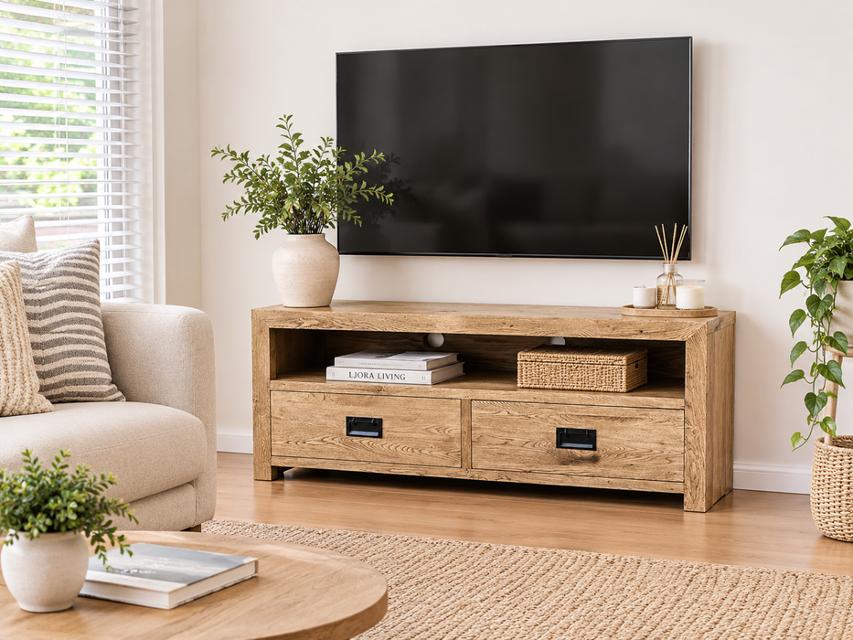Rutheford Oak Wood 2 Drawer TV Unit, 140cm