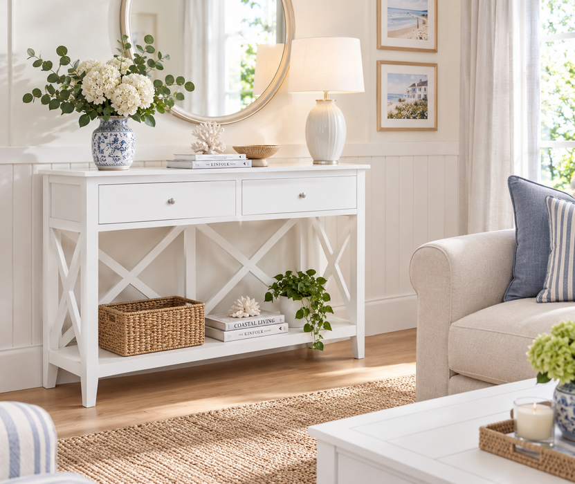 Hamptons Coastal Beach Cross Hallway Console Table White - 120cm