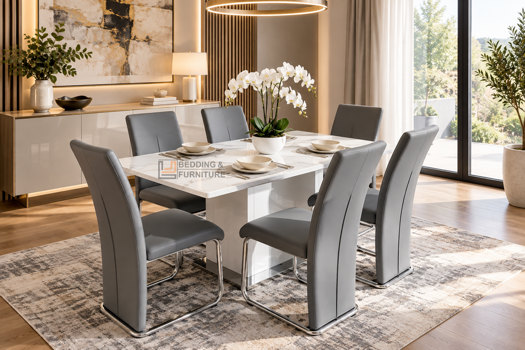 7 Piece Jabari White Stone Dining Table with 6 Chairs