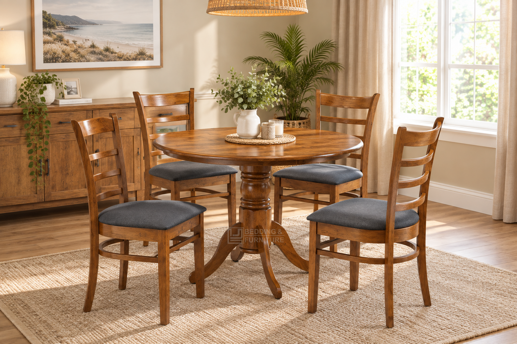 Waratah Round 4 Seater Dining Table Set with 4 Chairs Walnut