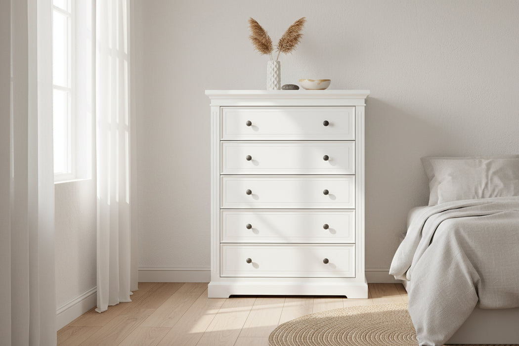 Toscana 5 Drawer Wood Tallboy White 95cm