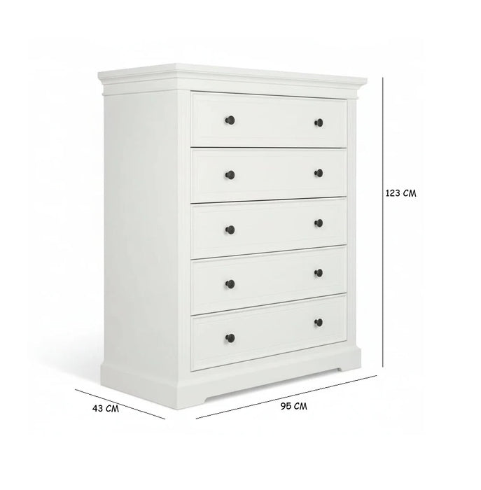 Toscana 5 Drawer Wood Tallboy White 95cm