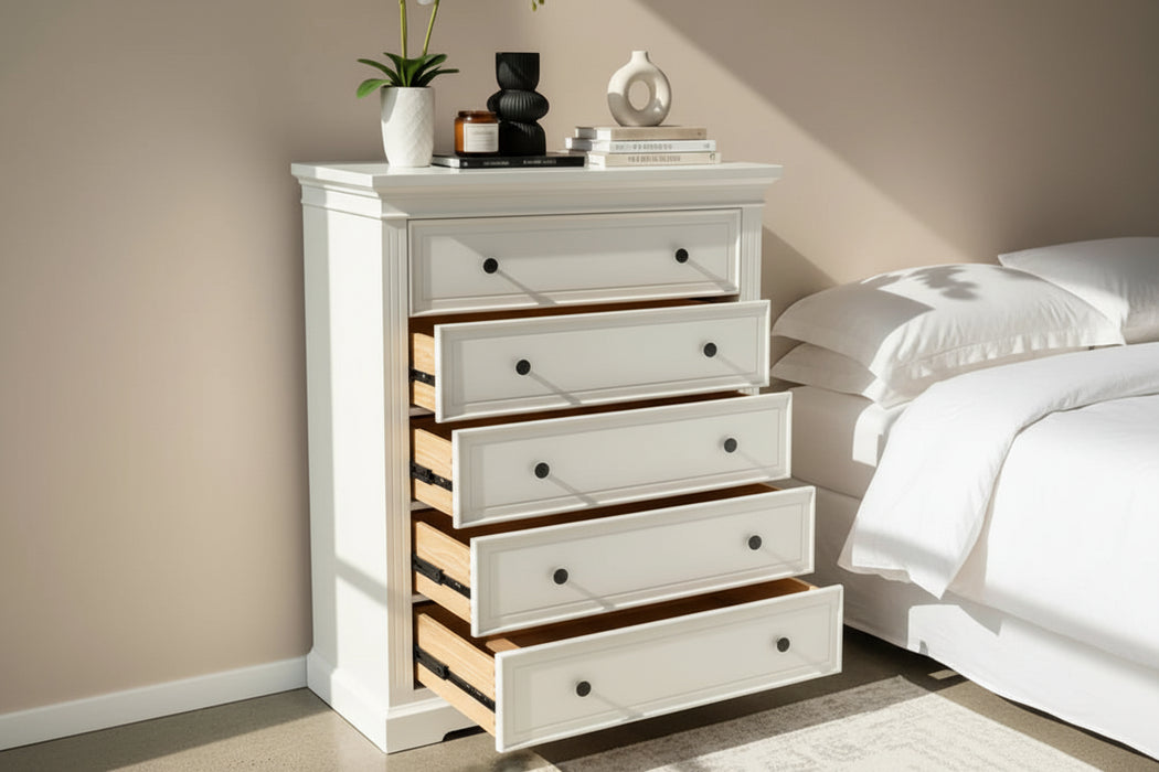 Toscana 5 Drawer Wood Tallboy White 95cm