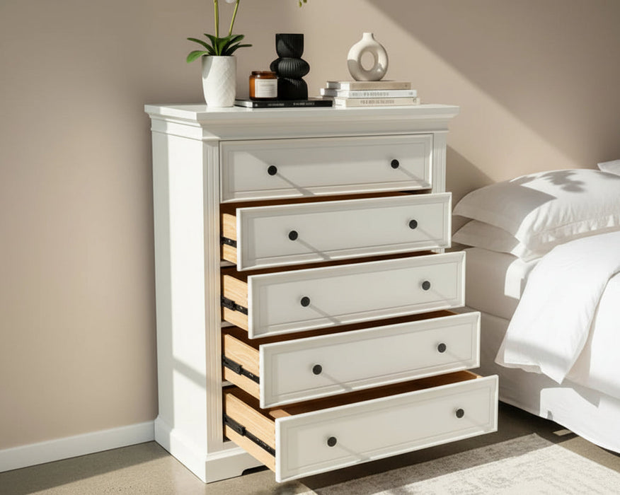 Toscana 5 Drawer Wood Tallboy White