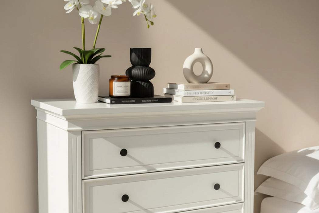 Toscana 5 Drawer Wood Tallboy White 95cm