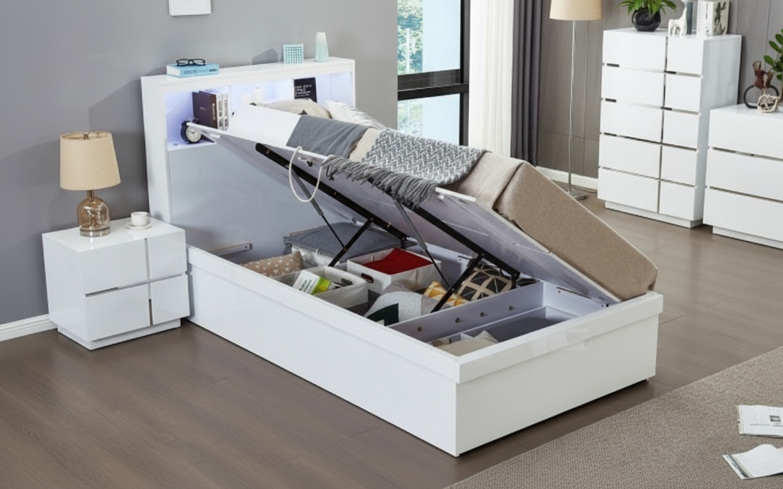 Victoria King Single Bed with Gas Lift Storage, White
