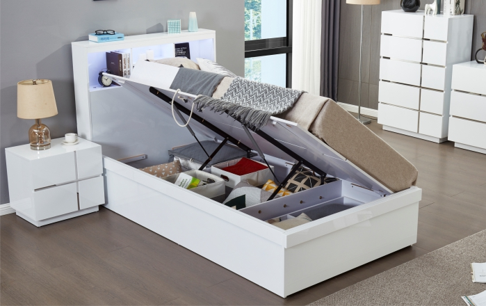 Victoria King Single Bed with Gas Lift Storage, White