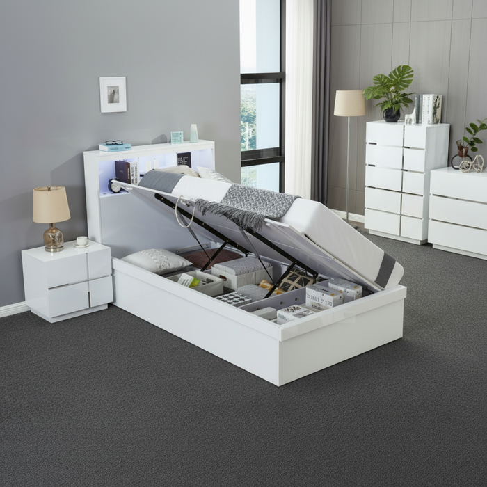 Victoria King Single Bed with Gas Lift Storage, White