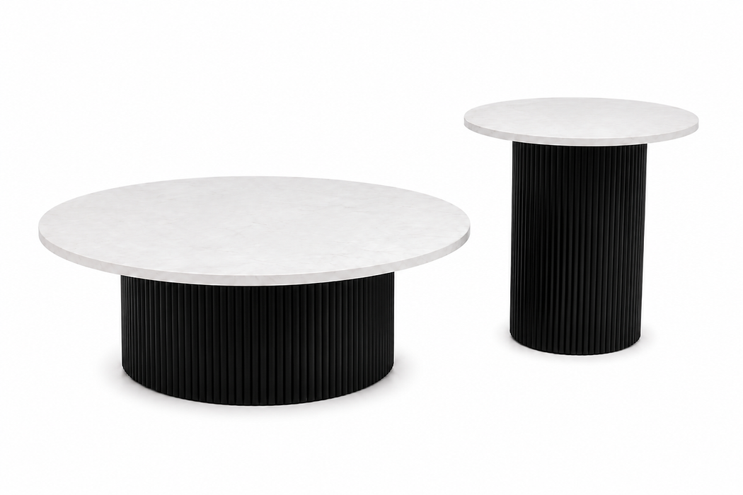 Moderno 2 Piece Coffee Table Set with White Marble Top & Rippled Black Base | Contemporary Round Nesting Coffee Tables