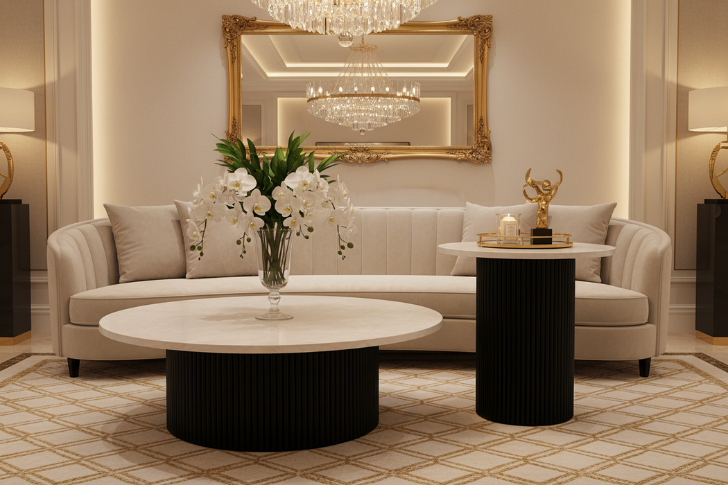 Moderno 2 Piece Coffee Table Set with White Marble Top & Rippled Black Base | Contemporary Round Nesting Coffee Tables