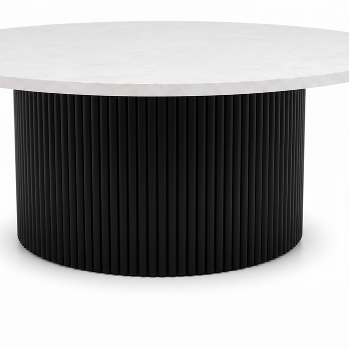 Moderno 2 Piece Coffee Table Set with White Marble Top & Rippled Black Base | Contemporary Round Nesting Coffee Tables