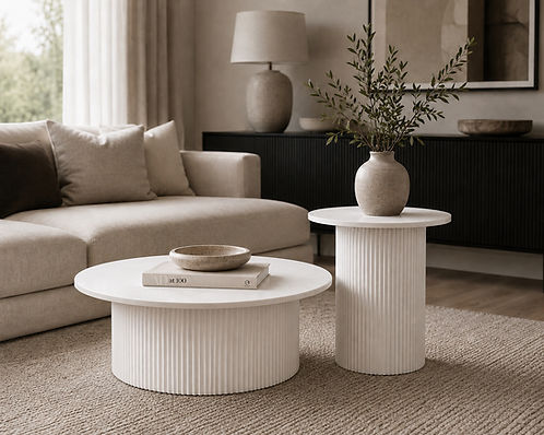Moderno 2 Piece Coffee Table Set with White Marble Top & Rippled White Base
