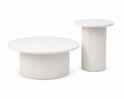 Moderno 2 Piece Coffee Table Set with White Marble Top & Rippled White Base
