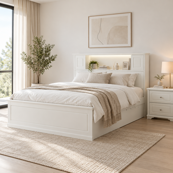 Hampton Coastal Bed with Storage Drawer - White Queen
