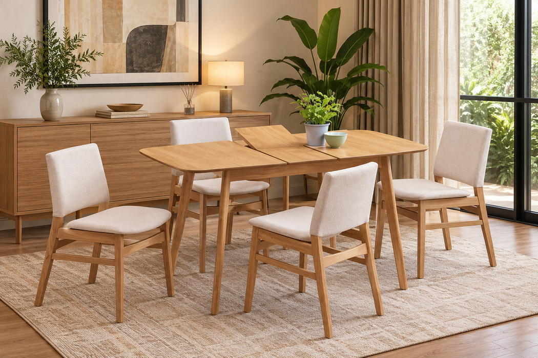 Hudson 5 Piece Extendable Dining Set - Natural Timber Table with Beige Fabric Chairs