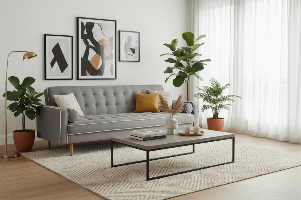 Sofia 3 Seater Sofa Bed in Fabric - Grey with White Piping