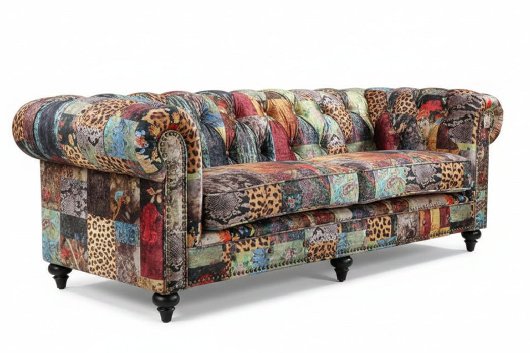 Chesterfield 3 Seater Velvet Patchwork Fabric Sofa - 210cm