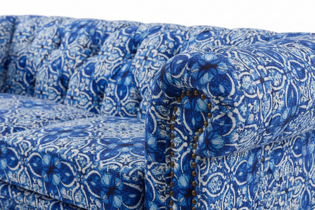 Chesterfield 2 Seater Velvet Fabric in Morocco Blue