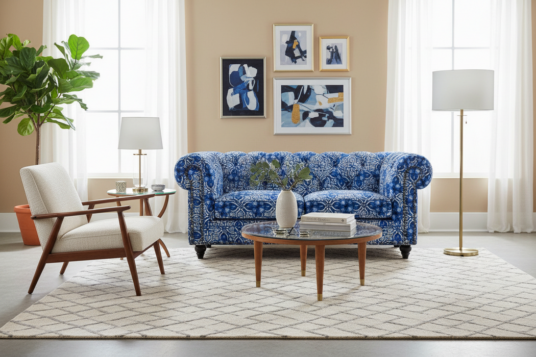 Chesterfield 2 Seater Velvet Fabric in Morocco Blue