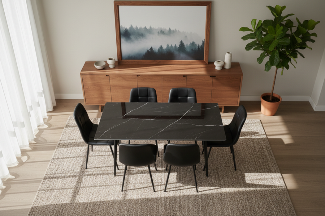 7 Pce Florida Dining Table & Black PU Leather Chair Set