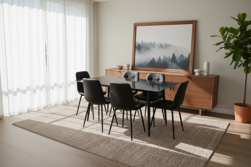 7 Pce Florida Dining Table & Black PU Leather Chair Set