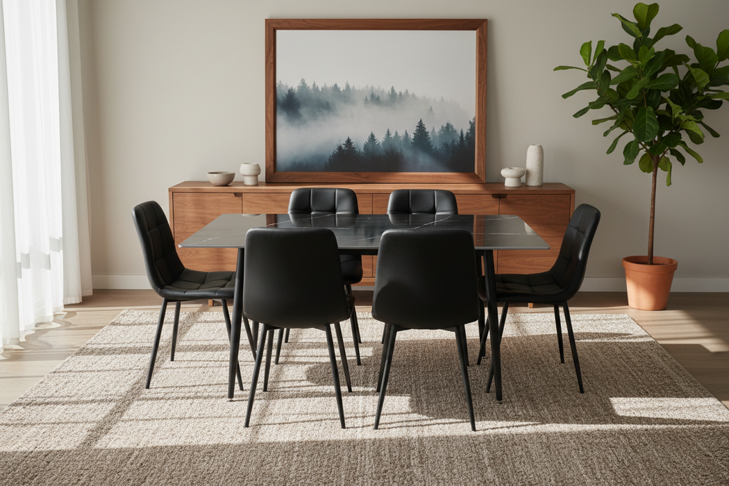 7 Pce Florida Dining Table & Black PU Leather Chair Set