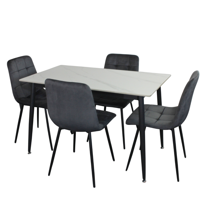 4 Seater White Feria Dining Table & Grey Velvet Chair Set 120cm